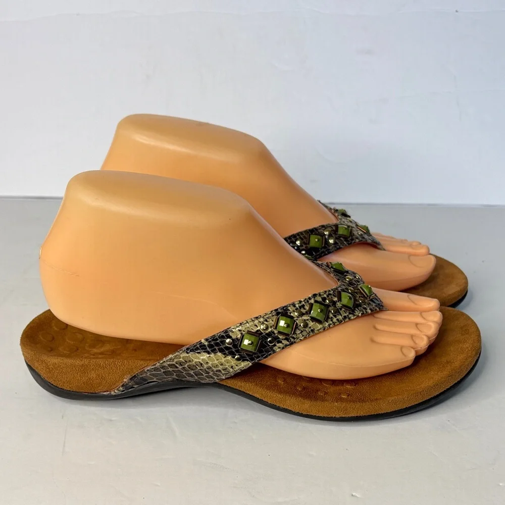 Vionic Floriana Bead Reptile and Embellished Thong Olive Sandals